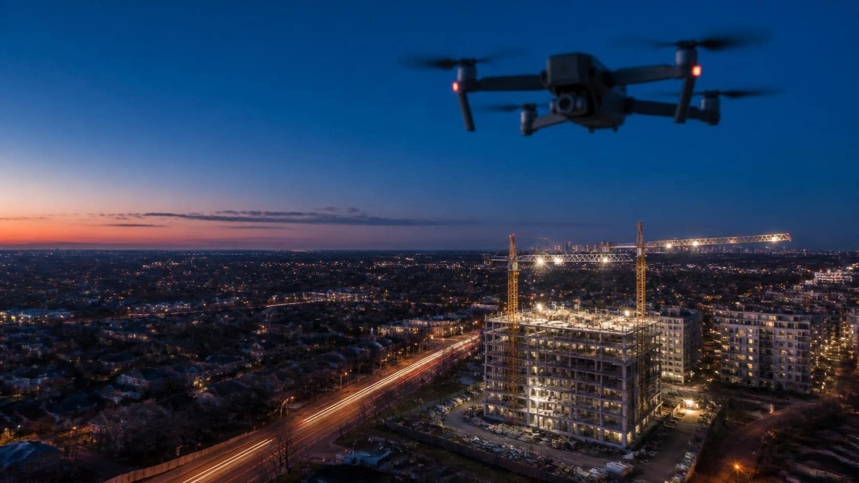Illustration: a drone above a commercial construction site at dusk