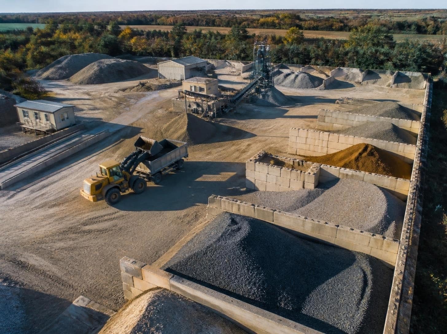 Illustration: aggregate stockpiles, loading equipment and a processing site